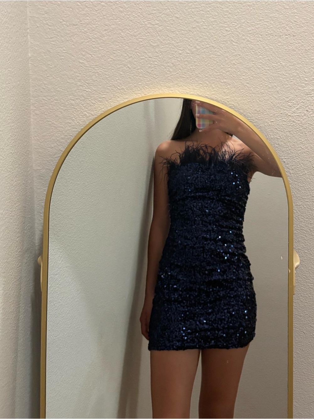 Strapless Navy Sequin Mini Dress with Feather Trim